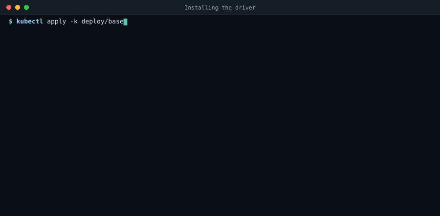 Terminal recording: kubectl apply -k deploy/base creates the CSIDriver, namespace, service account and DaemonSet; the rollout finishes across three nodes; kubectl get csinode shows s3archiver.csi.trion.de registered on every node.